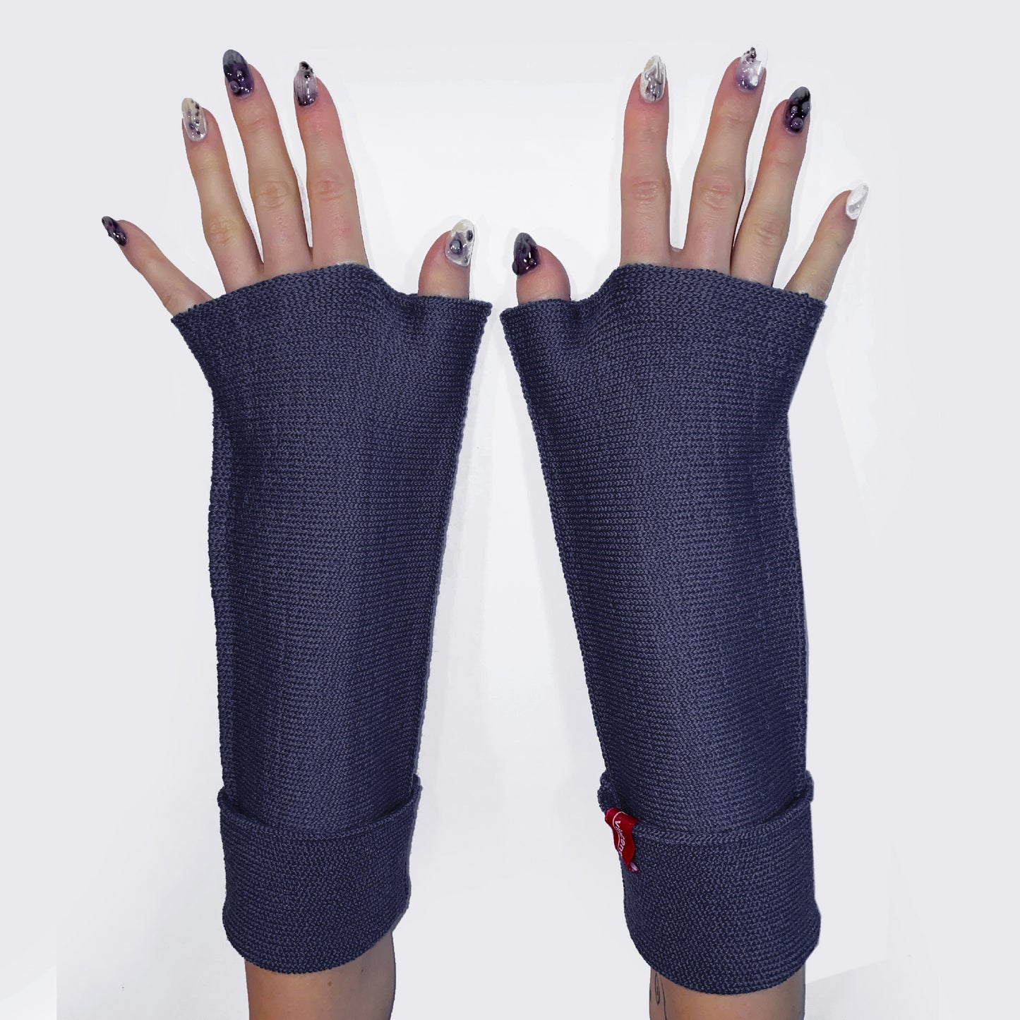 gestrickte Armstulpen extra groß und lang mit Daumenloch in jeansblau ca 10x25cm