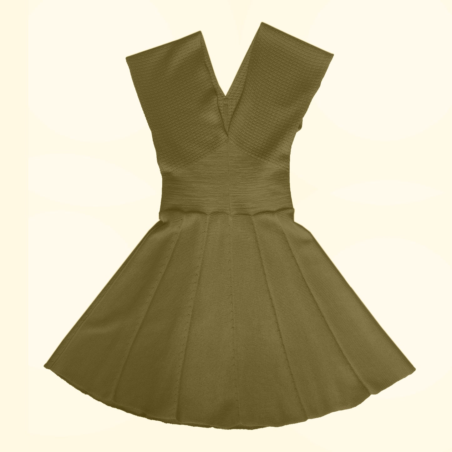 Olivegrünes schwingendes Kleid mit angeschnittenen Ärmeln und V-Ausschnitt. aus feiner Bio-Merinowolle gestrickt von vincente