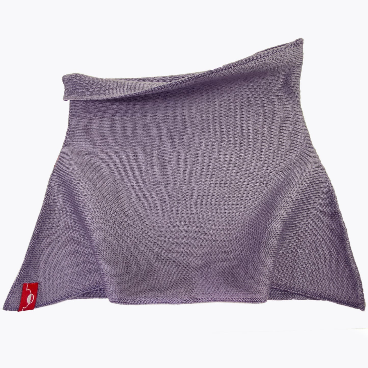 Lilaner Nierenwärmer oben etwas umgeschlagen. So sieht man das Perlmuster innen. Von außen ist das Bauchband glatt Rechts gestrickt