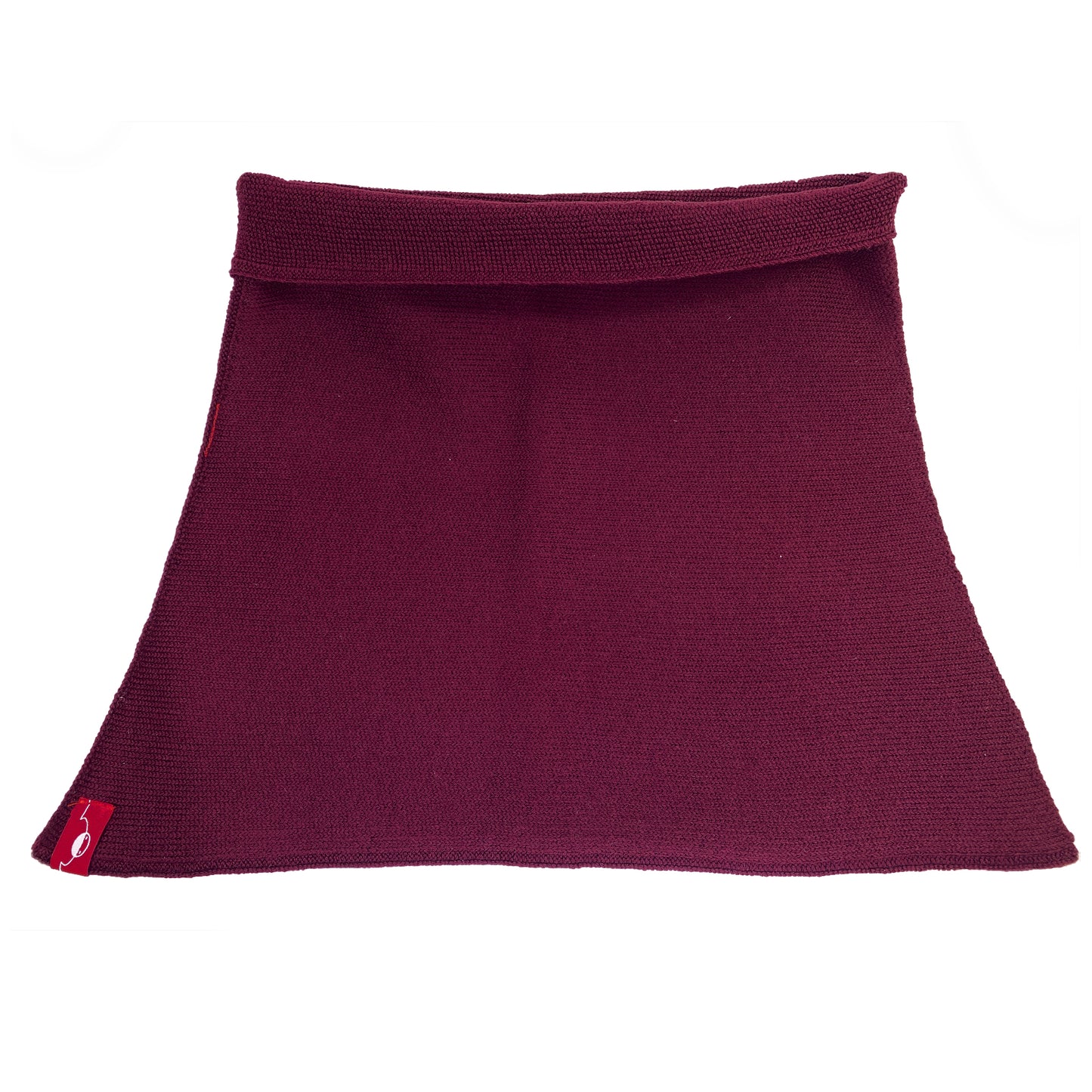 Bordeaux Roter Nierenwärmer oben etwas umgeschlagen. So sieht man das Perlmuster innen. Von außen ist das Bauchband glatt Rechts gestrickt