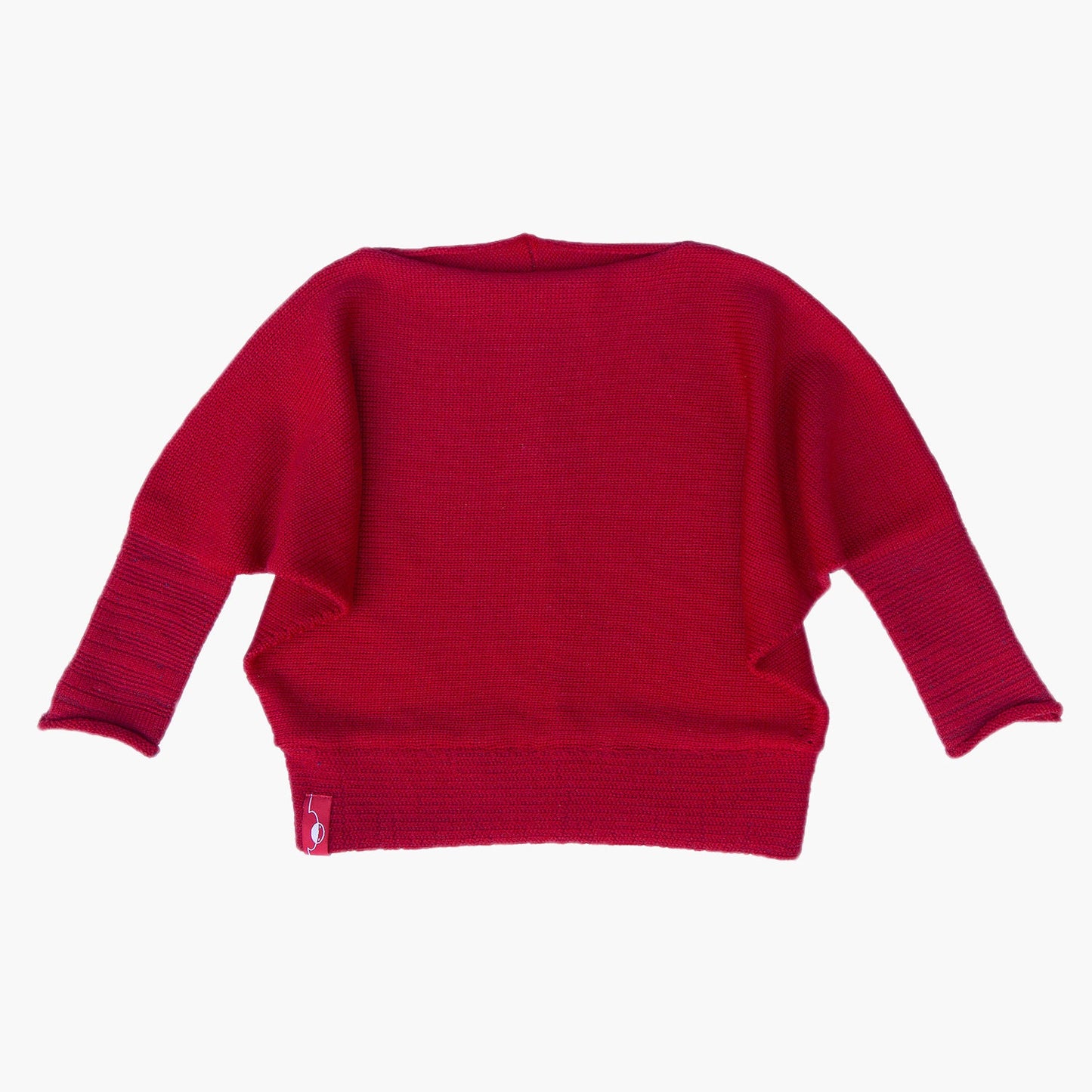 Roter gestrickter Pullover mit angeschnittenen Ärmeln . Der Pullover hat einen elastichen Bund und lange elastische Ärmelbündchen.