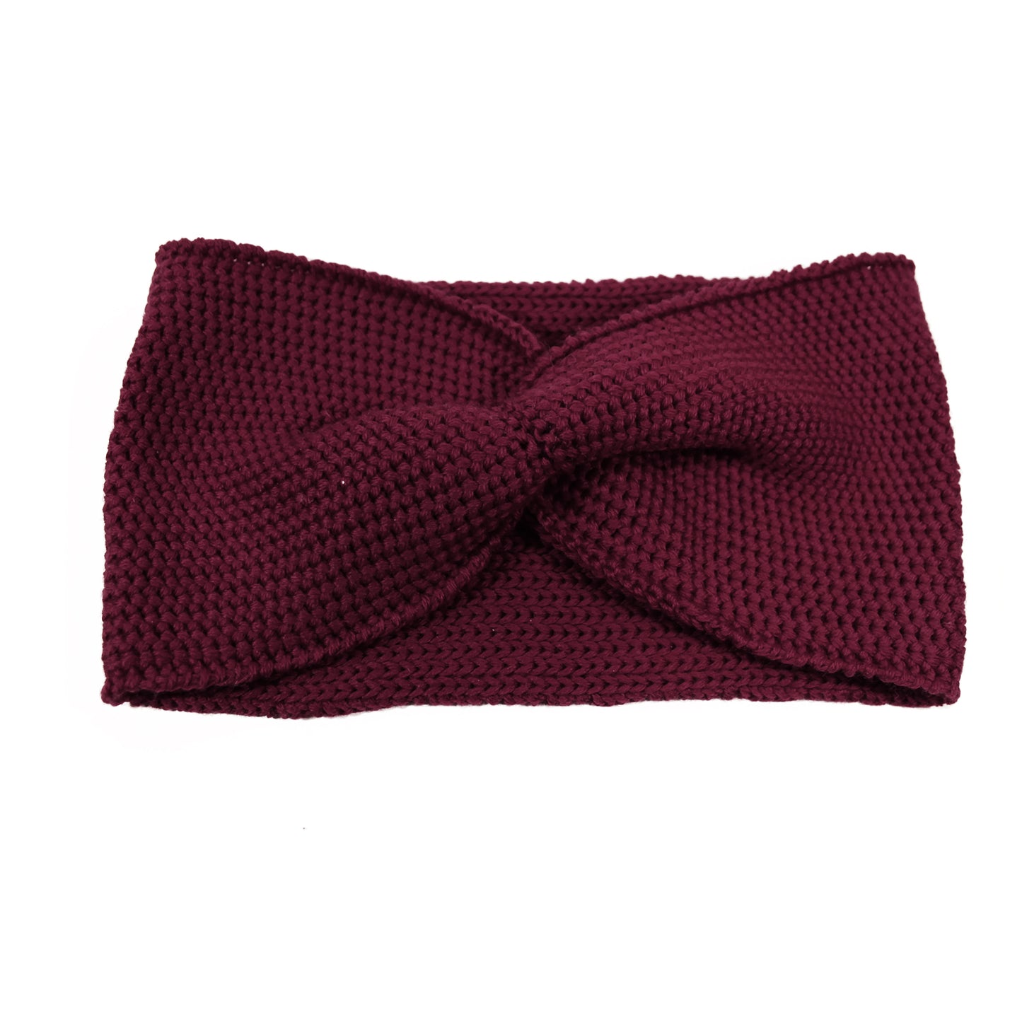 Bordeauxrotes Stirnband mit einer Turban-ähnlichen Verdrehung. Gestrickt im Doubleface Patentmuster, außen Knötchenstruktur und Innen sieht es wie ein klassisch rechts gestricktes Muster aus.