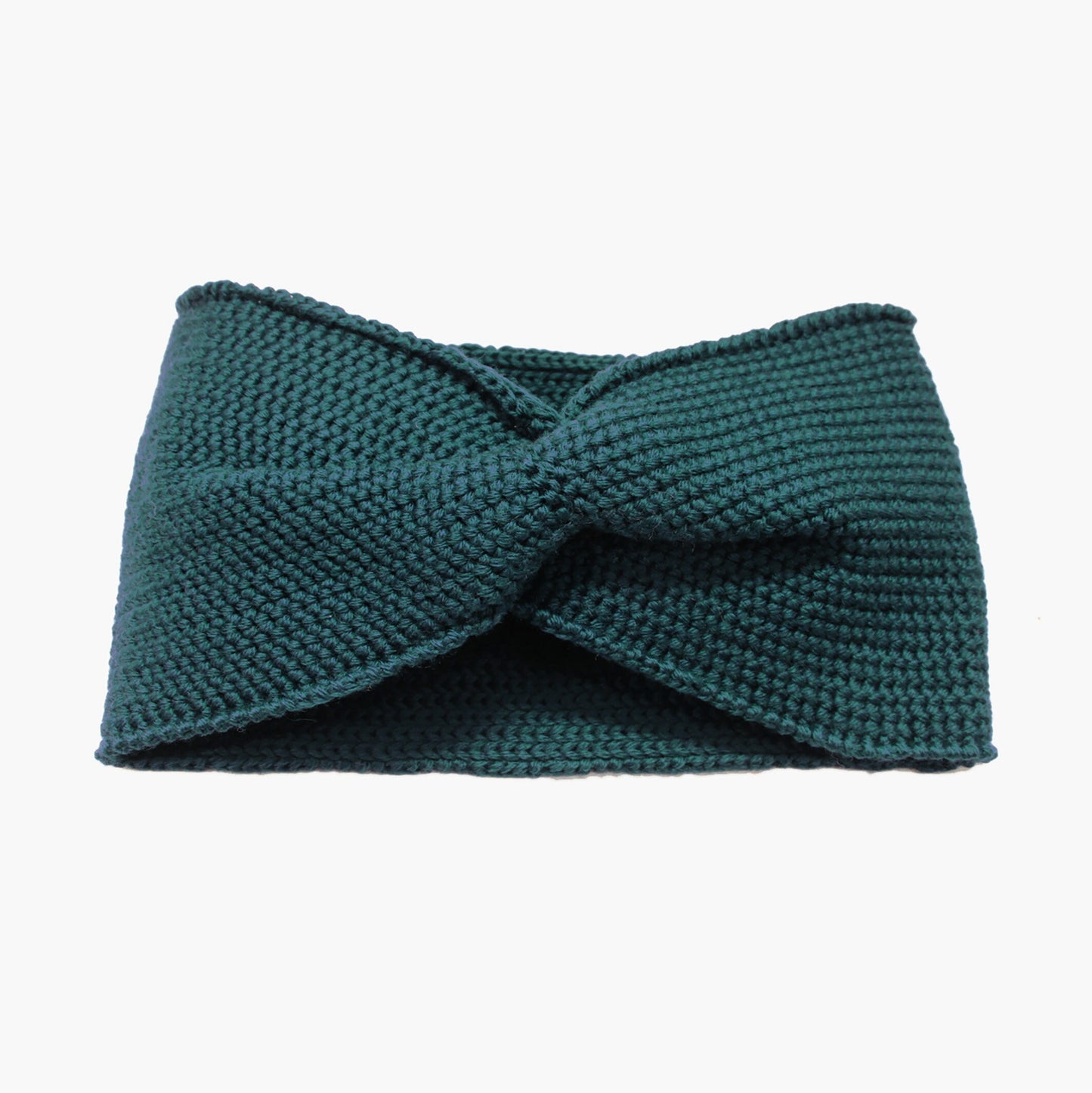 Petrol Stirnband mit einer Turban-ähnlichen Verdrehung. Gestrickt im Doubleface Patentmuster, außen Knötchenstruktur und Innen sieht es wie ein klassisch rechts gestricktes Muster aus.
