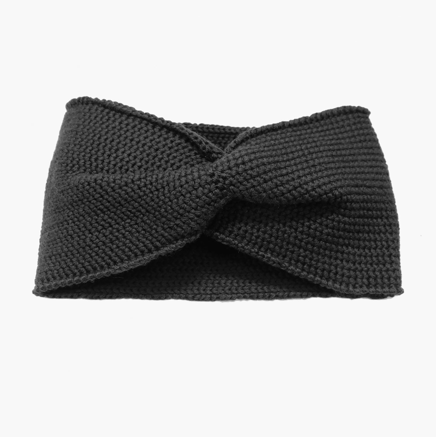 schwarzes Stirnband mit einer Turban-ähnlichen Verdrehung. Gestrickt im Doubleface Patentmuster, außen Knötchenstruktur und Innen sieht es wie ein klassisch rechts gestricktes Muster aus.